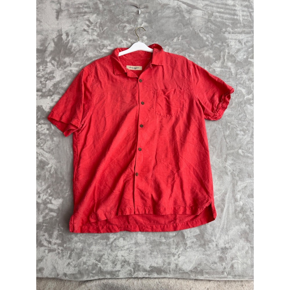 Tommy Bahama Mens Red 100% Silk Jacquard Tropical Leaf Short Sleeve Shirt XL